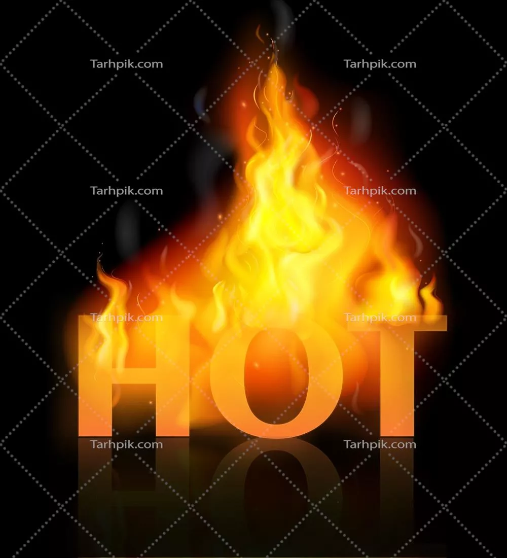وکتور ترکیب شعله واقعگرایانه رنگی با کلمه بزرگ نارنجی 'گرم' و طرح آتش