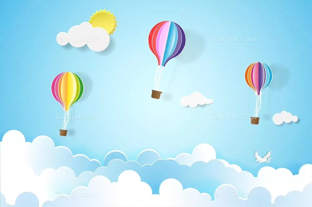 وکتور بادکنک‌های رنگارنگ در آسمان آبی با ابرها در سبک کاردستی کاغذی
