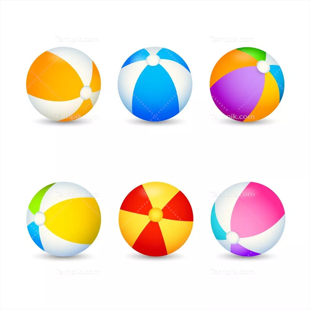 ست توپ‌های پلاژی رنگارنگ با طرح وکتور مناسب تفریحات آبی