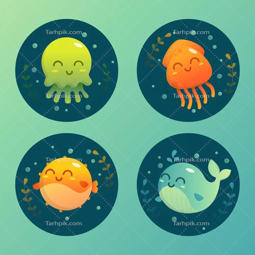 مجموعه وکتور از موجودات دریایی با رنگ‌های گرادیانی و چشم‌نواز