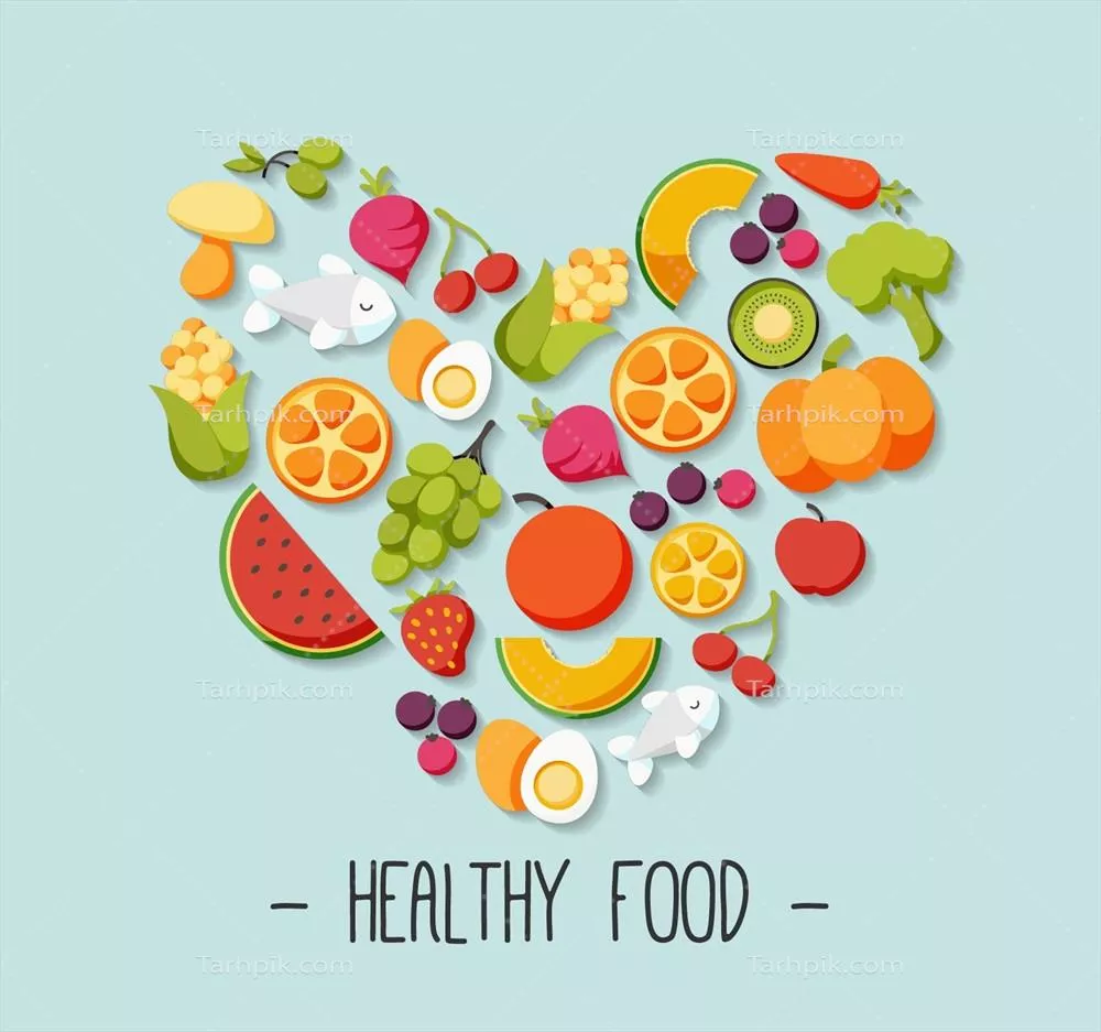 وکتور غذاهای سالم رنگارنگ با طراحی بامزه و شکل قلبی