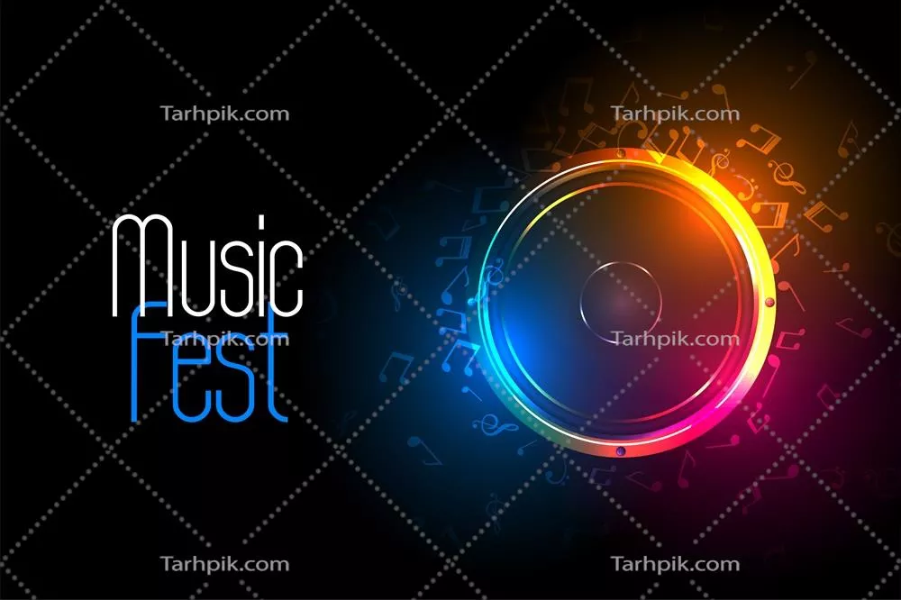وکتور اسپیکر صوتی رنگارنگ با نتهای موسیقی در پسزمینه جشنوارهای
