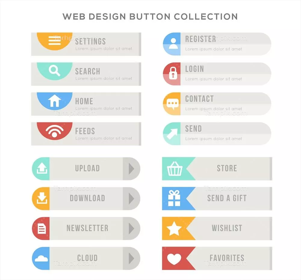 مجموعه دکمه‌های طراح وب رنگارنگ با طراحی فلت و وکتور