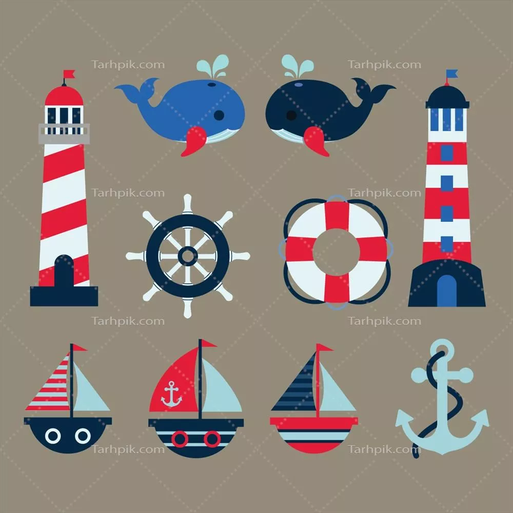 عناصر دریایی رنگی و وکتورهای گرافیکی - طراحی و هنر دریایی