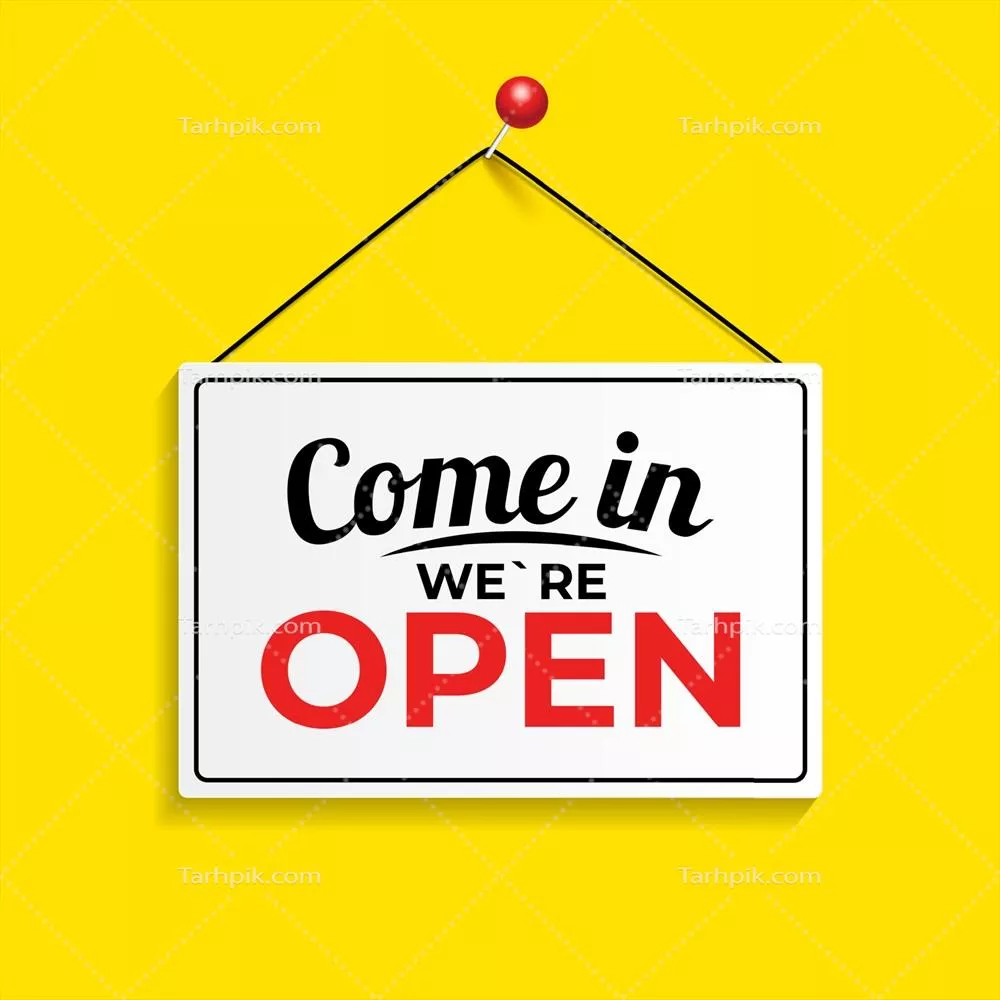 وکتور علامت تصویری باز بودن فروشگاه: بیایید داخل، ما باز هستیم