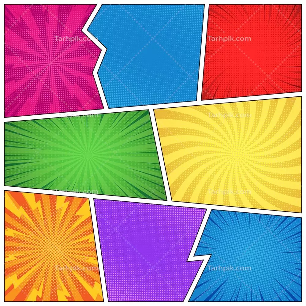 وکتور الگوی صفحه کمیک خالی با افکتهای مختلف طنز و قابهای رنگارنگ