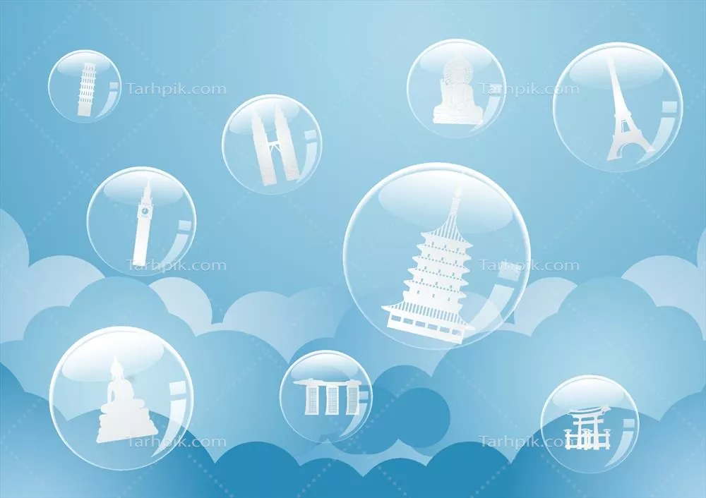 وکتور آرت مفهومی حباب سفر با نمادها و جاذبههای گردشگری