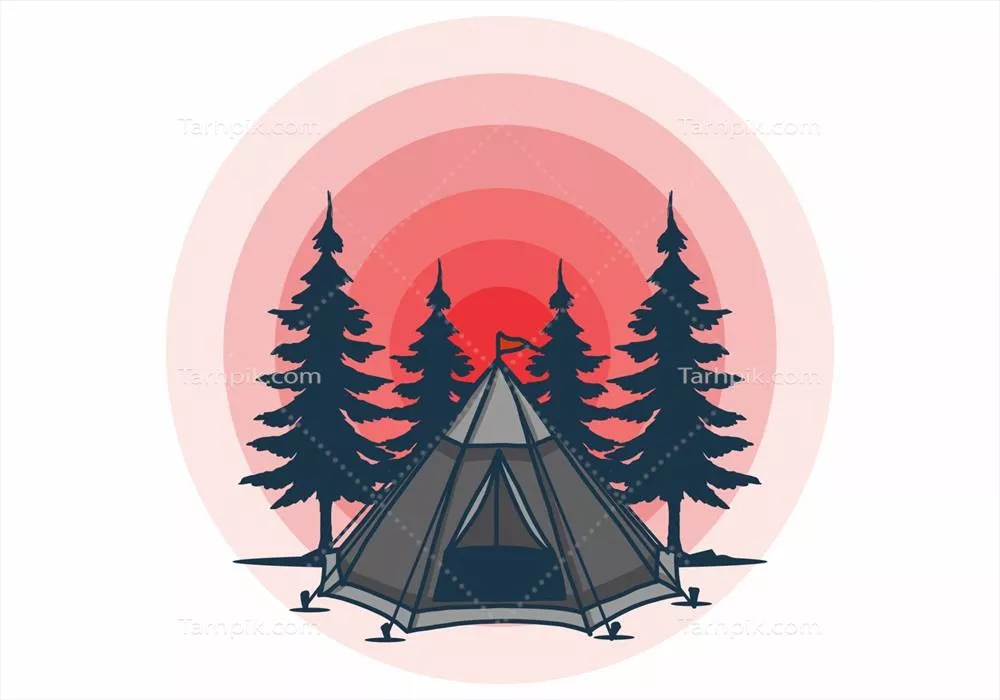 وکتور تصویری از چادر مخروطی و درختان کاج در طبیعت