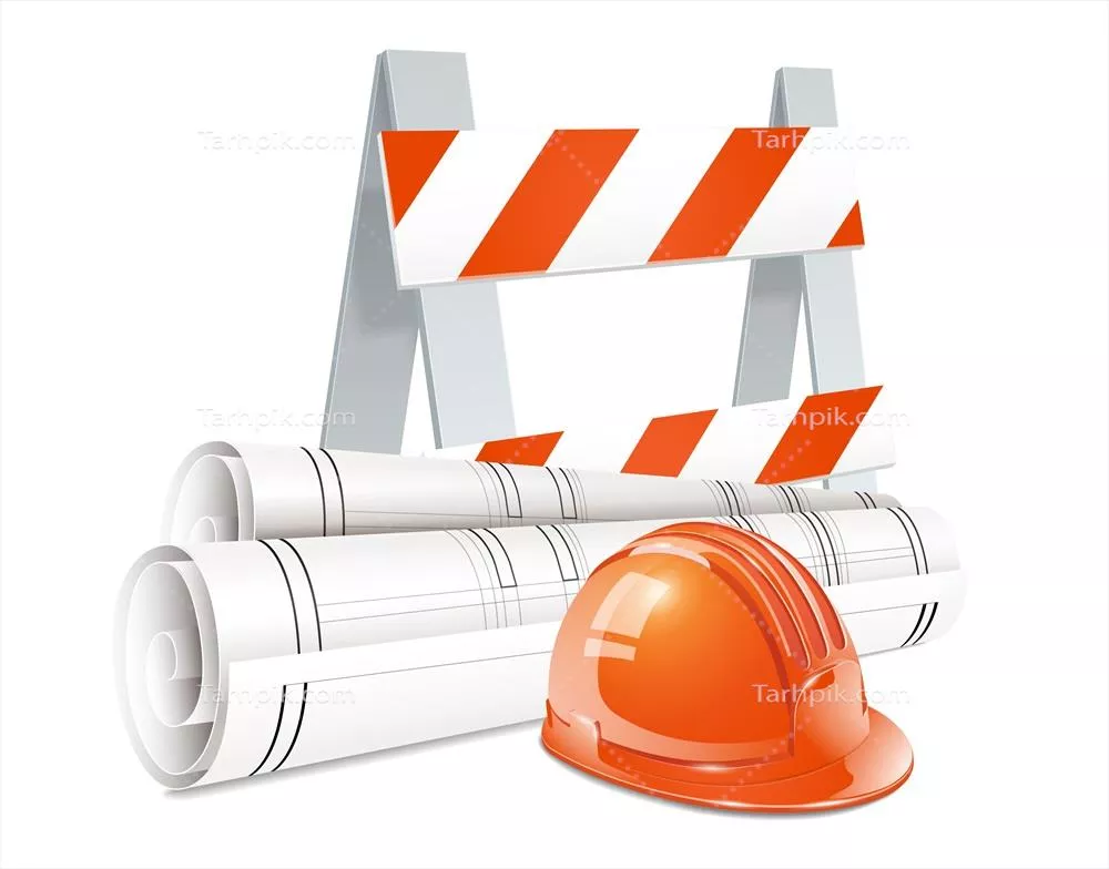 وکتور طرح مفهومی ساخت و ساز با المان های مهندسی واقعی و موانع جاده ای با کلاه ایمنی نارنجی