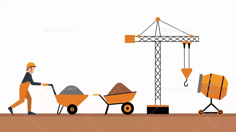 وکتور مجموعه تجهیزات ساخت و ساز برای کارگران شامل جرثقیل و میکسر سیمان