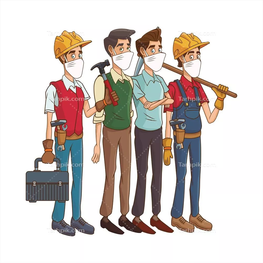وکتور کارگران ساختمانی با استفاده از ماسکهای پزشکی و ابزارهای ساختمانی