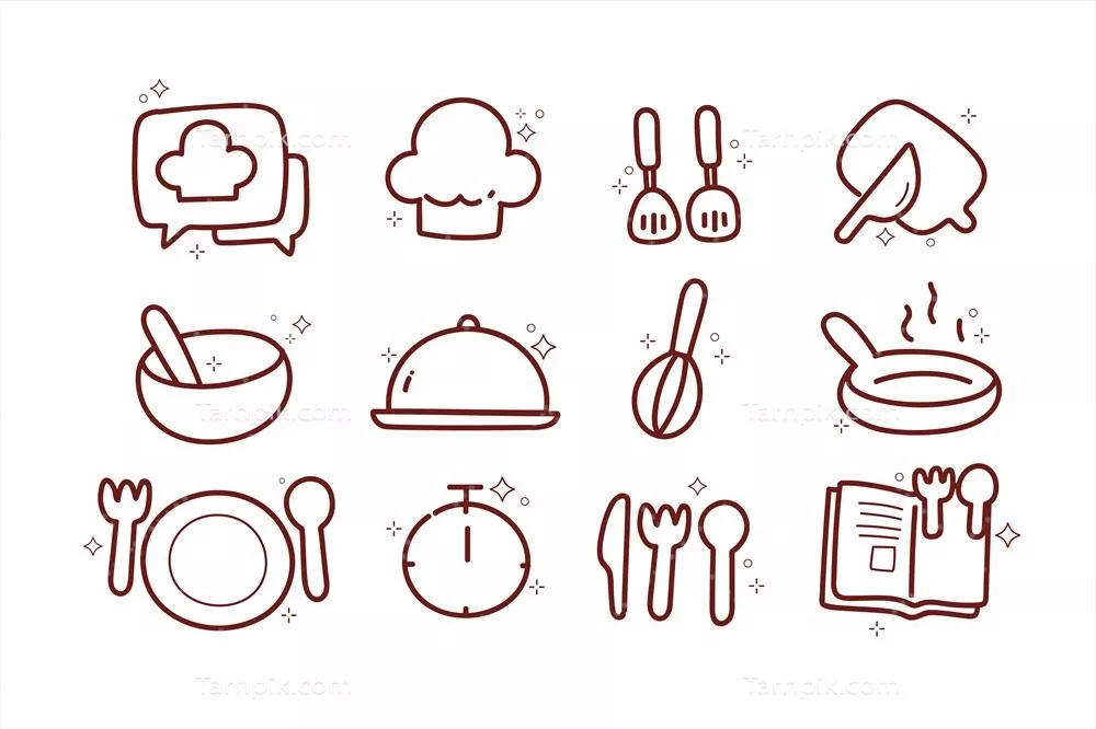 وکتور آیکونهای خطوط نقاشی شده از وسایل آشپزخانه و لوگوی رستوران برای طراحی