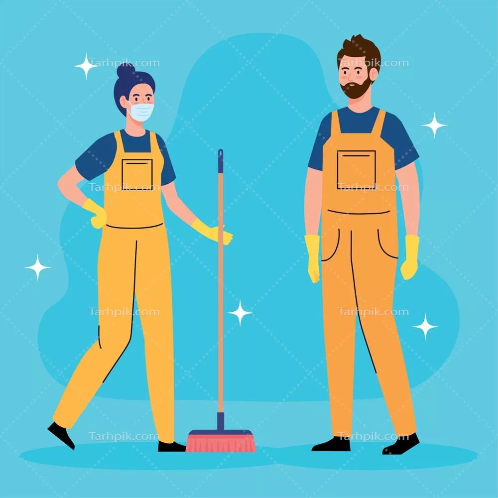 وکتور زوج کارگران خدمات نظافتی با جارو در حال خدمترسانی به مشتریان