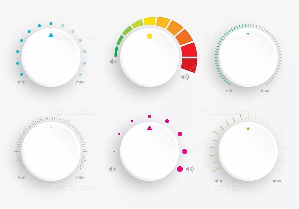 وکتور ایجاد یک رابط کاربری عالی برای برنامه نرمافزاری، وب یا رسانههای دیگر در مورد صدا و موسیقی با مجموعهای از دکمههای ولوم با سبکها و رنگهای مختلف