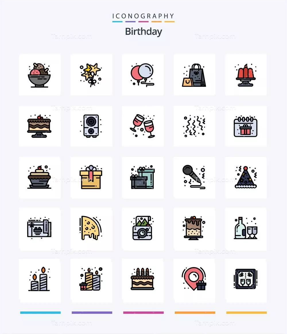 وکتور بسته آیکون خطی خلاقانه تولد ۲۵ تایی شامل کیک و نمادهای دیگر