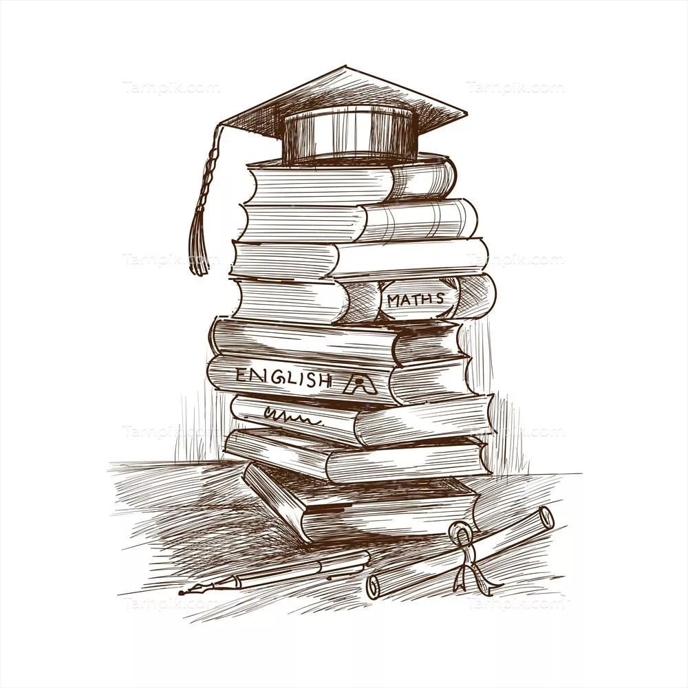 وکتور طراحی خلاقانه دستکشیده: کاریکاتور کتابها، کلاه فارغالتحصیلی و دیپلم