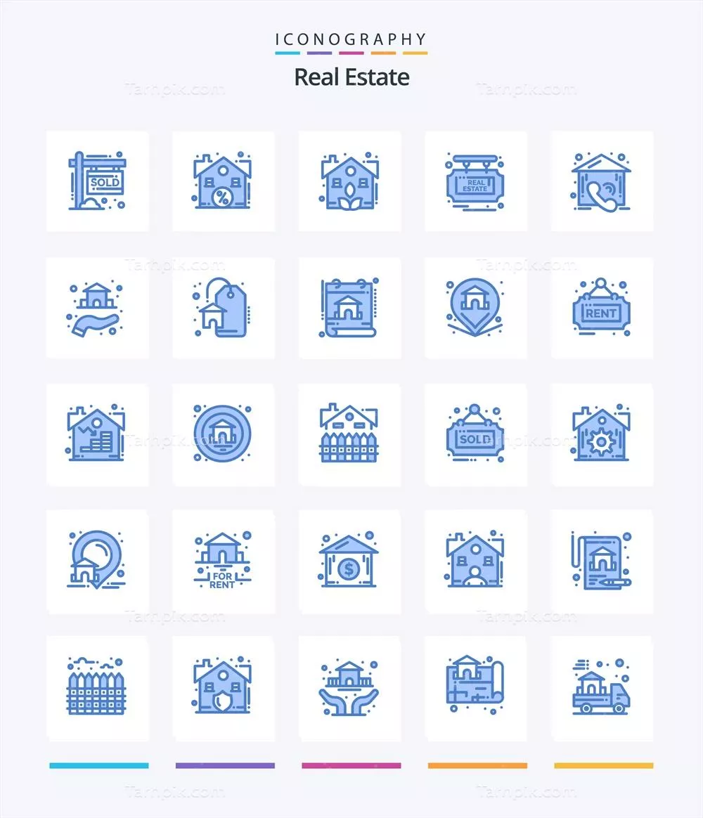 وکتور پکیج آیکون‌های خلاقانه املاک به رنگ آبی شامل تماس و فروش ملک