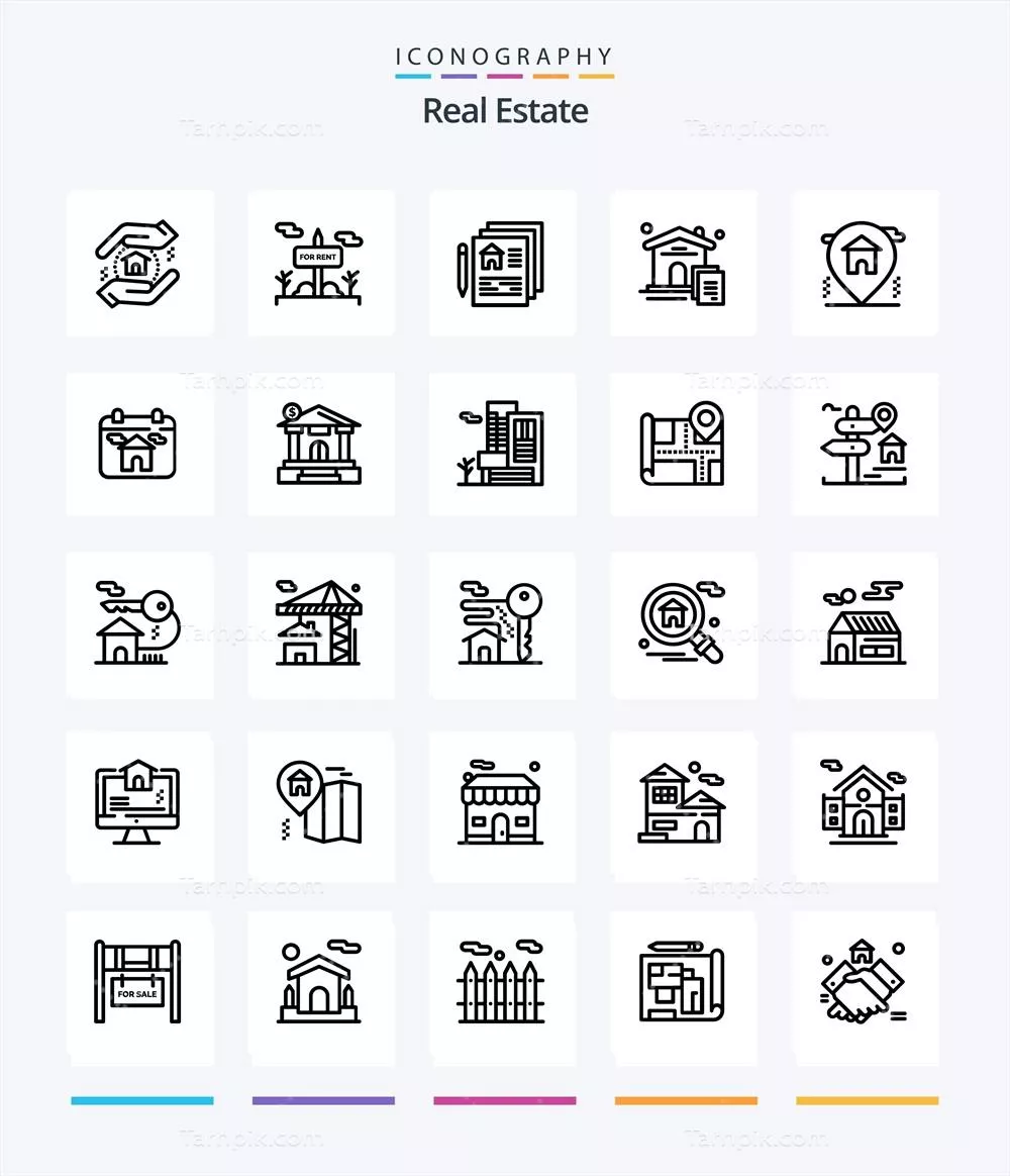 وکتور بسته آیکونهای خلاقانه املاک و مستغلات شامل ۲۵ آیکون از جمله خانه، سند و اجاره خانه