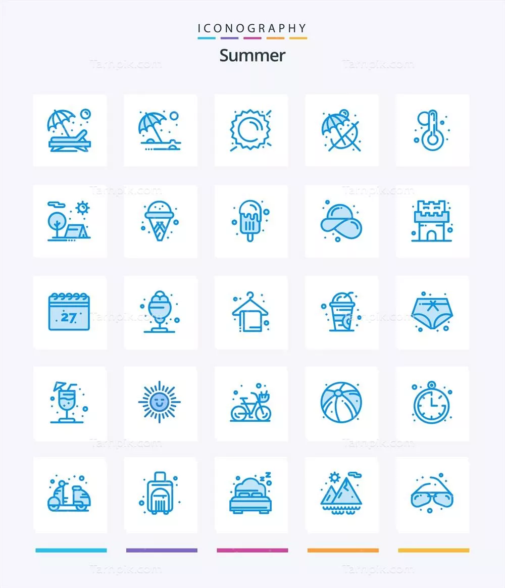 وکتور پک آیکون تابستانی خلاقانه ۲۵ عددی با موضوعات آبی شامل دما، چتر و آب و هوا