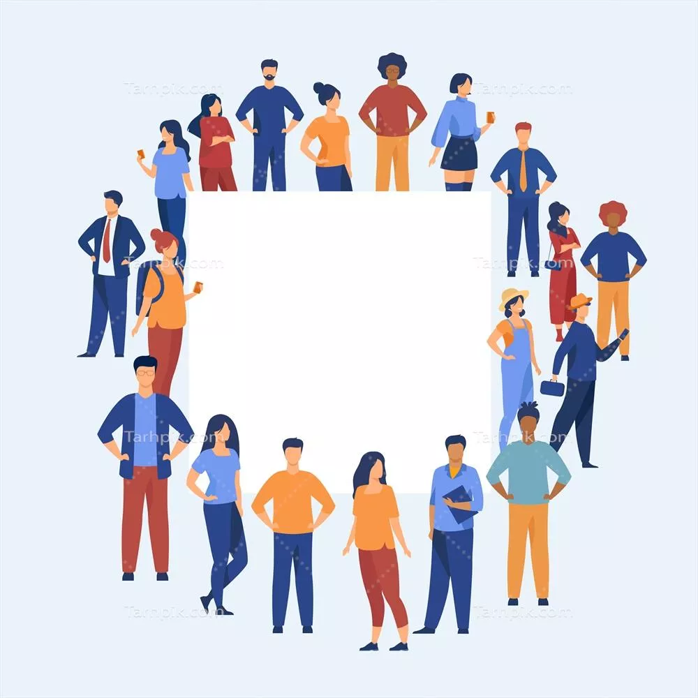 وکتور شکل‌سازی و نمایه‌سازی گروهی از افراد مختلف ایستاده دور یک بنر خالی