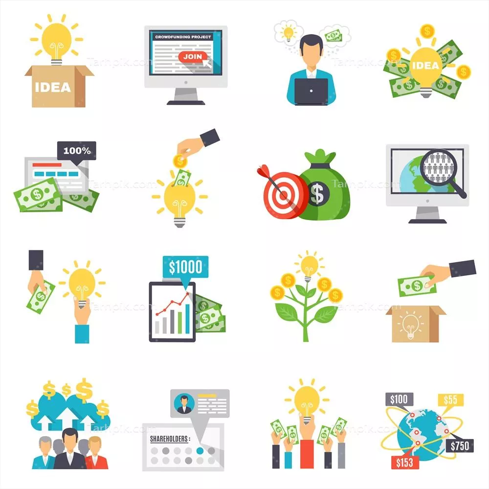 مجموعه آیکون های تزئینی وکتور برای تأمین مالی جمعی