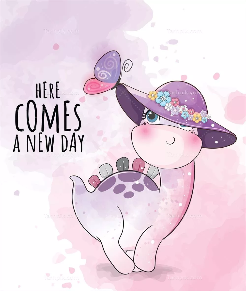 وکتور تصویر زیبا از دایناسورهای کوچک با کلاه و پروانه در سبک آبرنگ