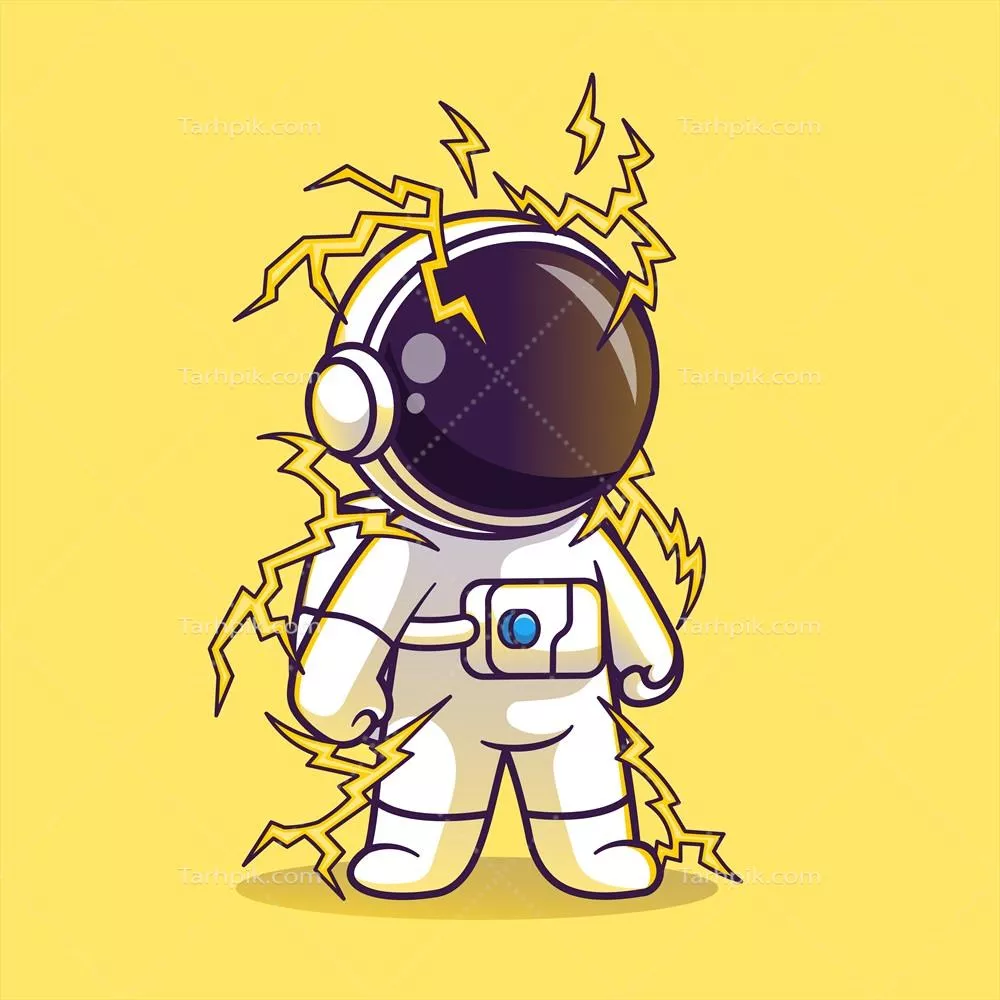 وکتور تصویر کارتونی جالب فضانورد با نماد برق و عناصر الکتریکی مناسب برای فناوری و علوم
