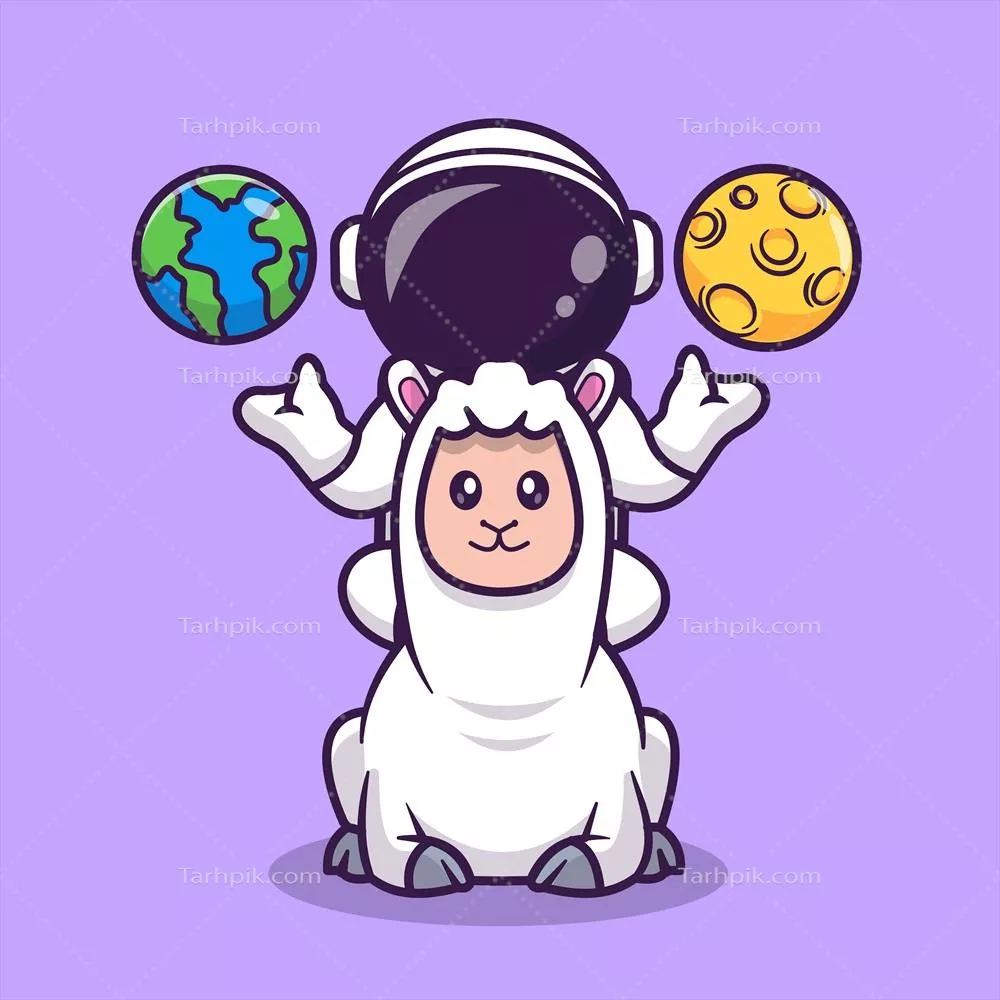 وکتور یک کارتون جذاب فضانورد در حال مدیتیشن با لاما و آلباگا و کره زمین و ماه