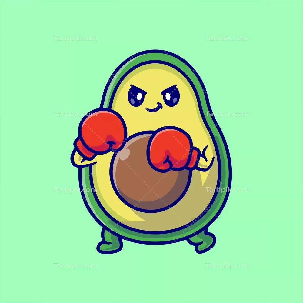 وکتور کارتون بامزه آووکادو در حال بوکس؛ نماد ورزشی و غذایی با کیفیت برتر