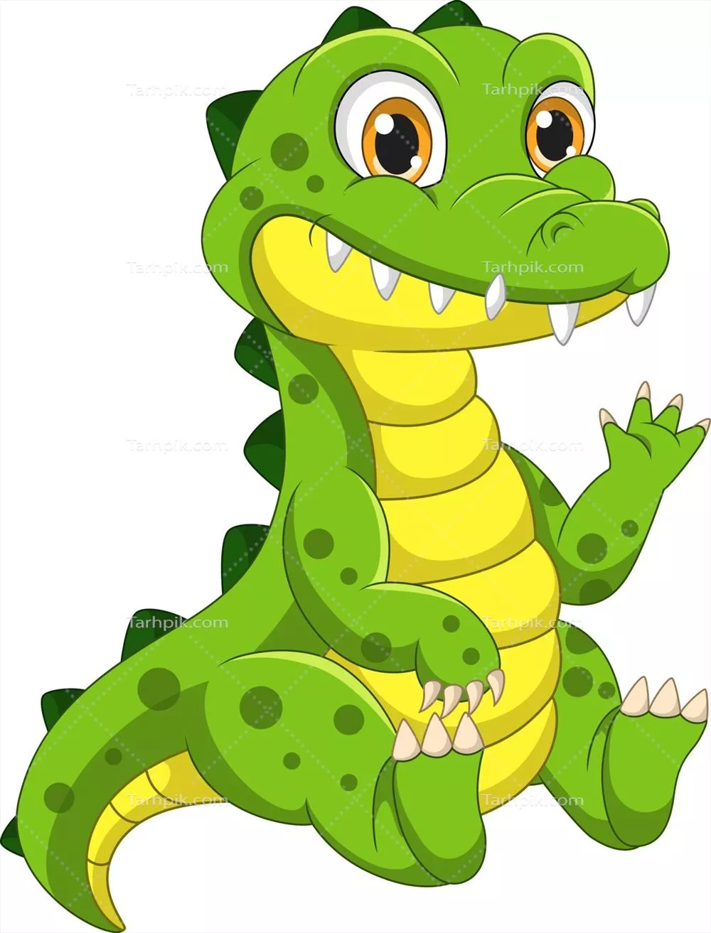 وکتور کارتون کوچولوی بامزه تمساح نشسته و دست wave می‌کند