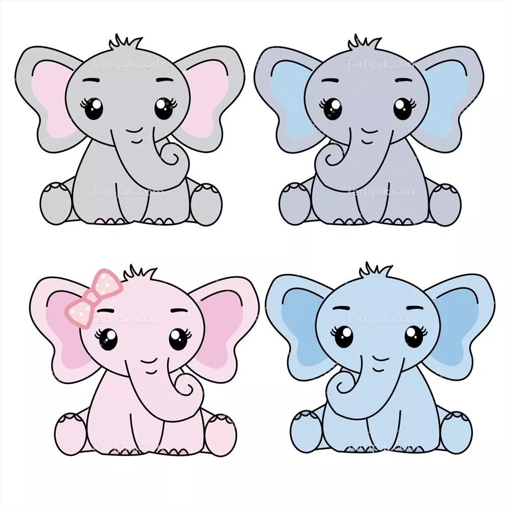 وکتور مجموعه کاریکاتوری و بامزه از فیلهای نوزاد با شخصیتهای جالب