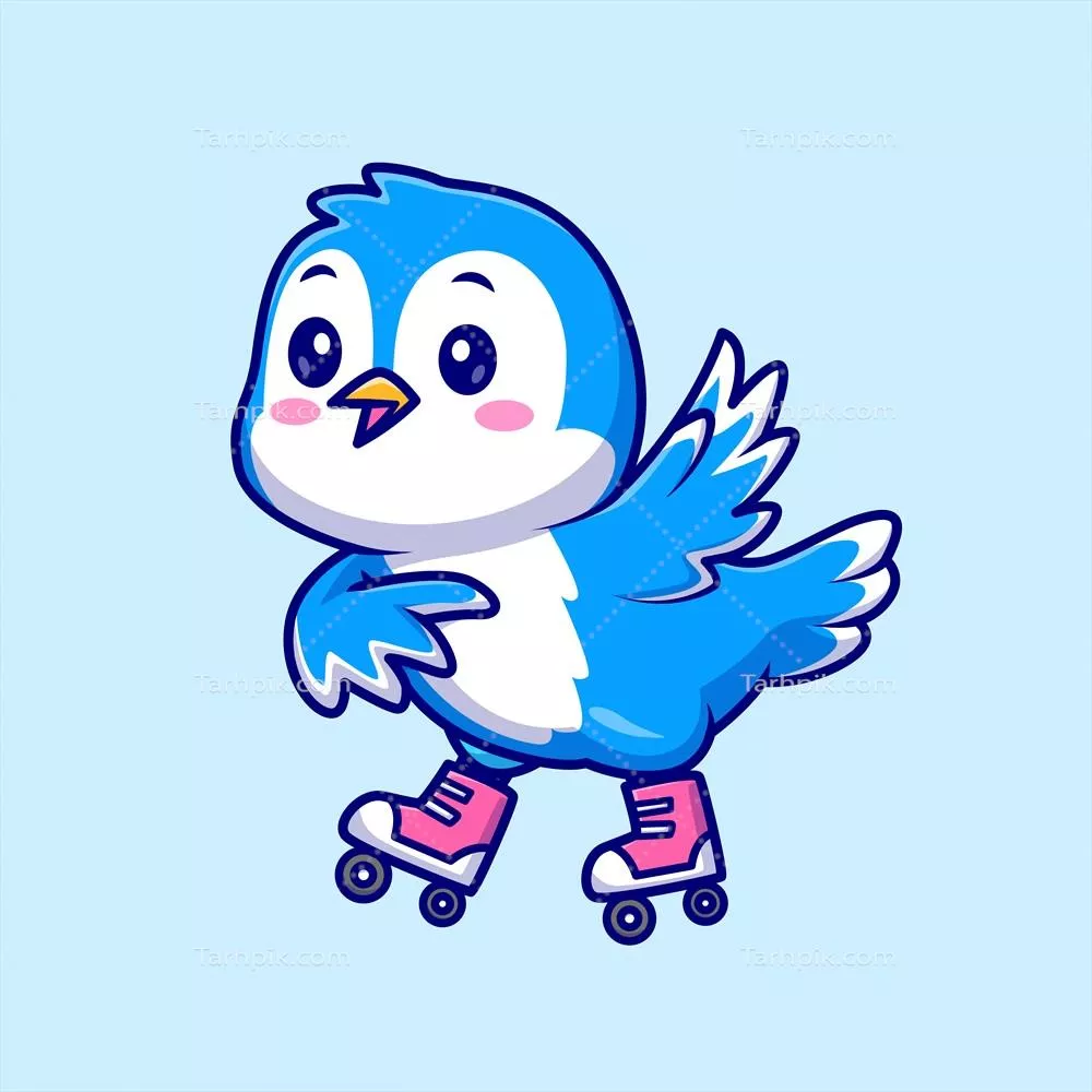 وکتور تصویر کارتونی یک پرنده بامزه در حال بازی با اسکیت روی غلطک