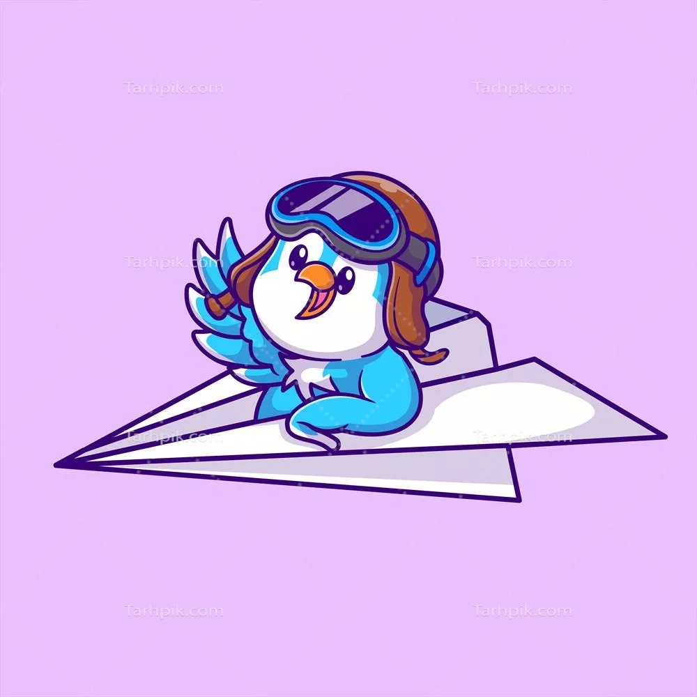 وکتور کارتون زیبا از یک پرنده بامزه سوار بر کاغذ پرنده - نماد حمل و نقل حیوانات