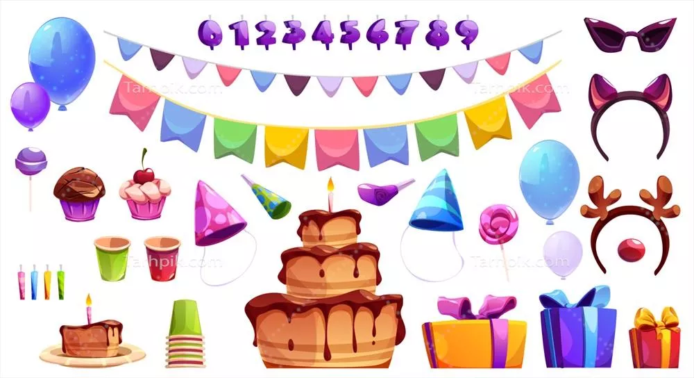 عناصر جذاب جشن تولد با طراحی وکتور شامل کیک و دکوراسیون های شاد