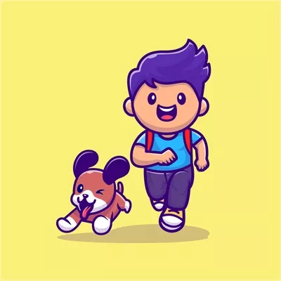 نقاشی وکتور پسر خوشمزه در حال دویدن با سگش