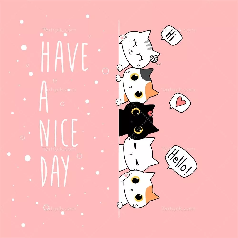 وکتور کارت فانتزی گربه و بچه گربه روی زمینه صورتی با متن روز خوبی داشته باشید