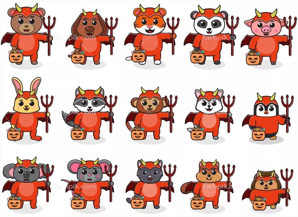 وکتور شخصیت کارتونی حیوانی بانمک با لباس شیطانی برای هالوین