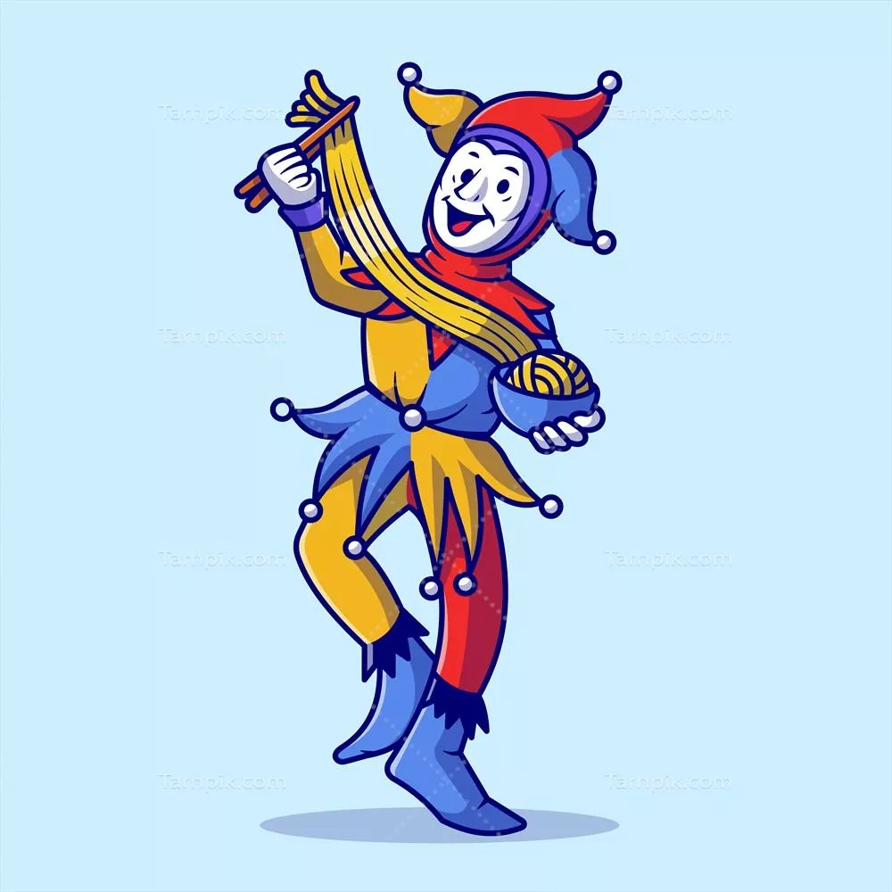 وکتور کارتون جالب از دلقک بامزه در حال خوردن رامن - نماد غذای لذیذ