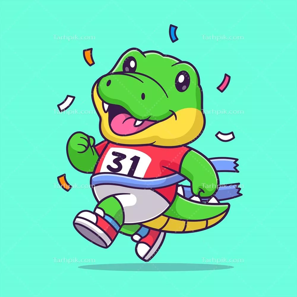 وکتور کاریکاتور زیبای تمساح در حال دویدن در مسابقه ماراتن: نماد ورزشی و کارتونی