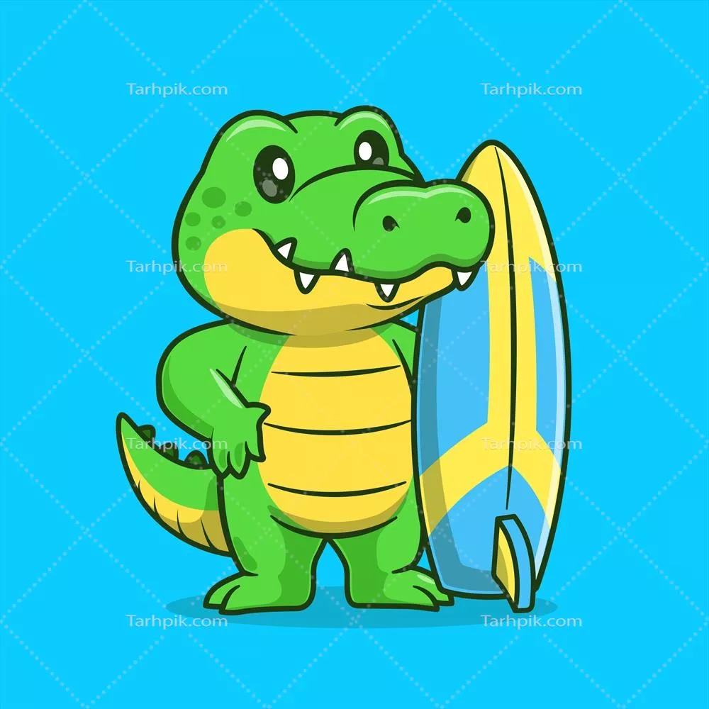 وکتور تصویر کارتونی از کروکودیل قشنگ در حال موج سواری - آیکون تعطیلات