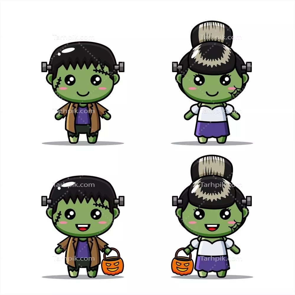 وکتور بسته شخصیت های بامزه با لباس فرانکشتاین مناسب برای کودکان و بزرگترها