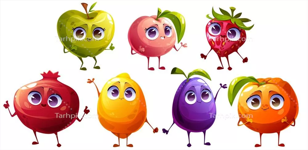 شخصیتهای میوهای و توتهای بامزه با لبخند و طراحی وکتور