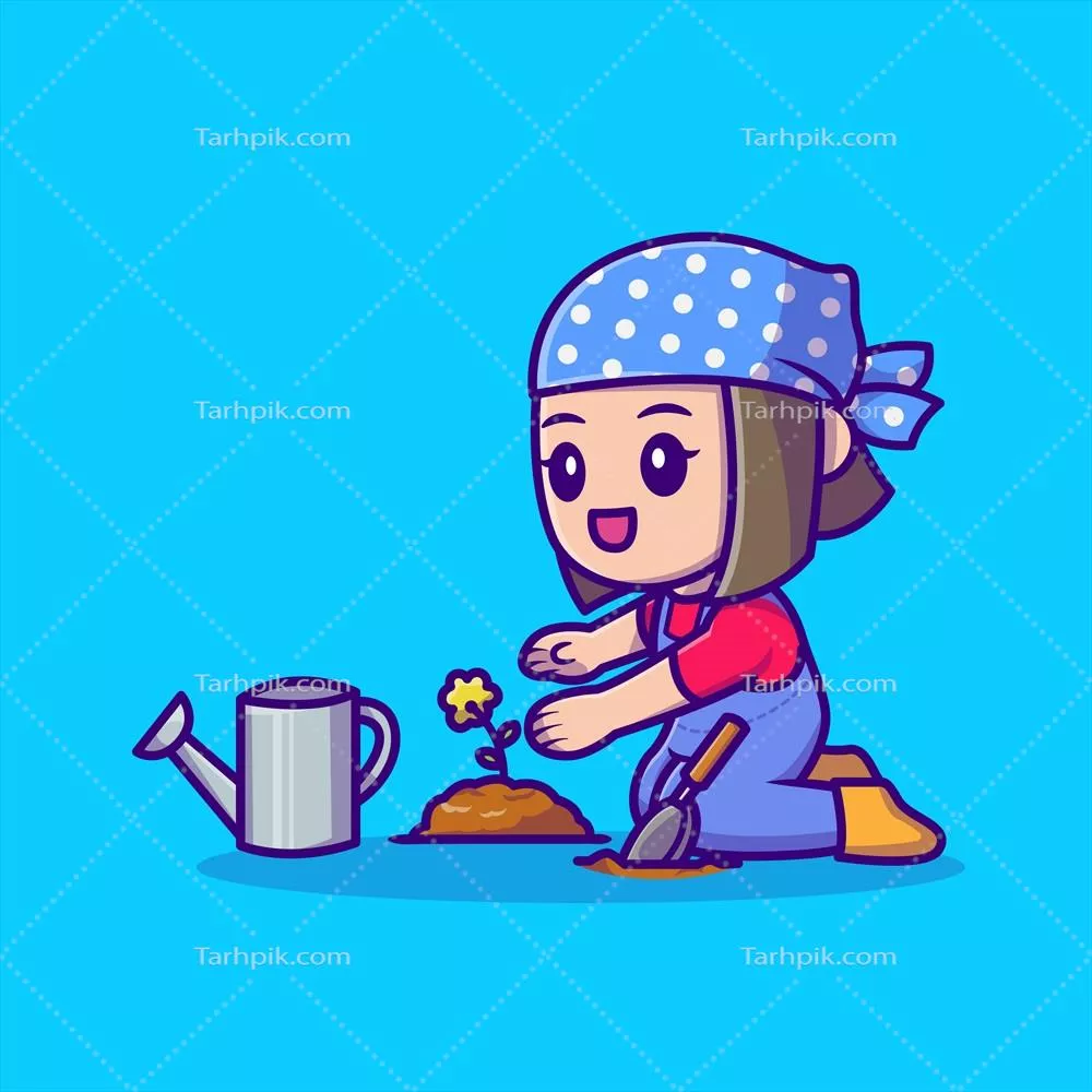 وکتور آیکون کارتونی دختر بامزه در حال کاشت محصولات کشاورزی - تصویر طبیعی