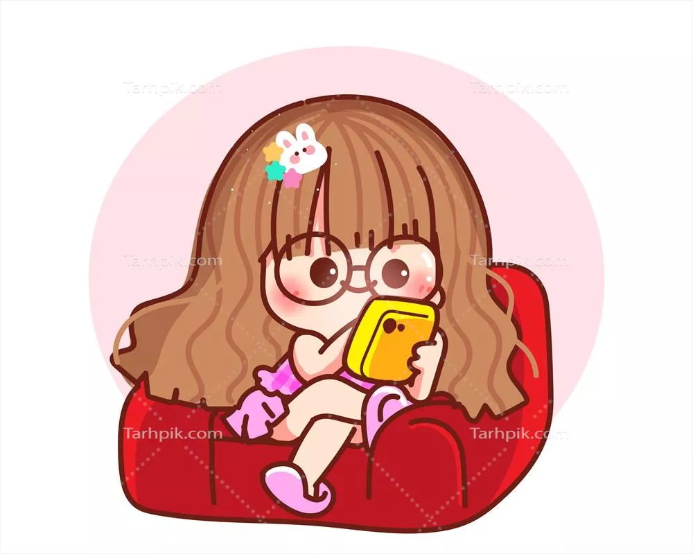 وکتور دختر ظریف در حال استراحت روی مبل و لذت بردن از رسانههای مجازی با کارتونها