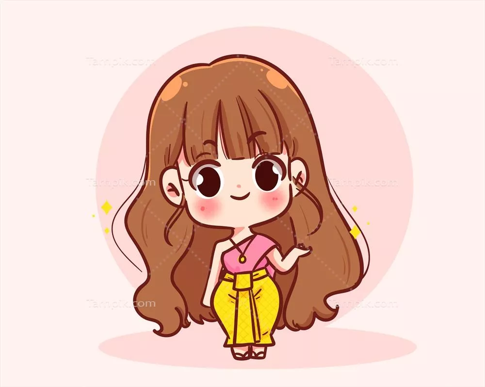 وکتور تصویر زیبای دختر تایلندی در سبک کارتون با طراحی دستکشیده