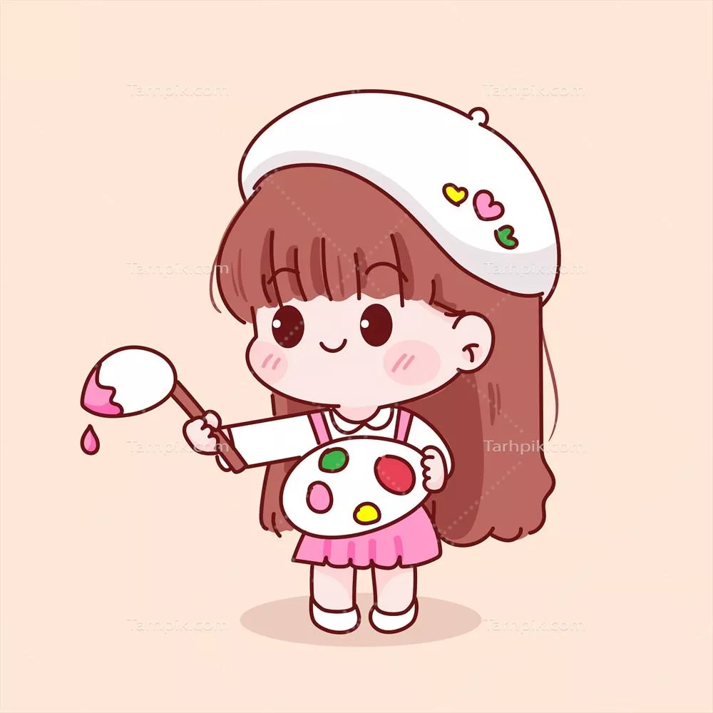 وکتور تصویر کارتونی دختر بچه ناز با پالت رنگ در دست به صورت دستی طراحی شده