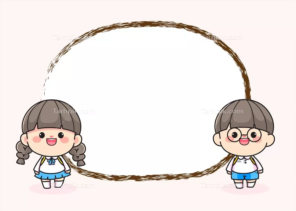 کاراکتر دانشآموز کودکانه و بامزه با جعبه متن - هنر کارتونی دستکشیده و وکتور