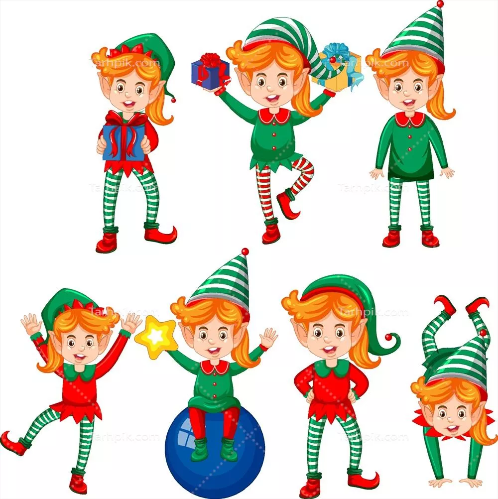 وکتور مجموعه کارتون بچه بامزه ای که لباس ایده ال الف برای جشنها را پوشیده است