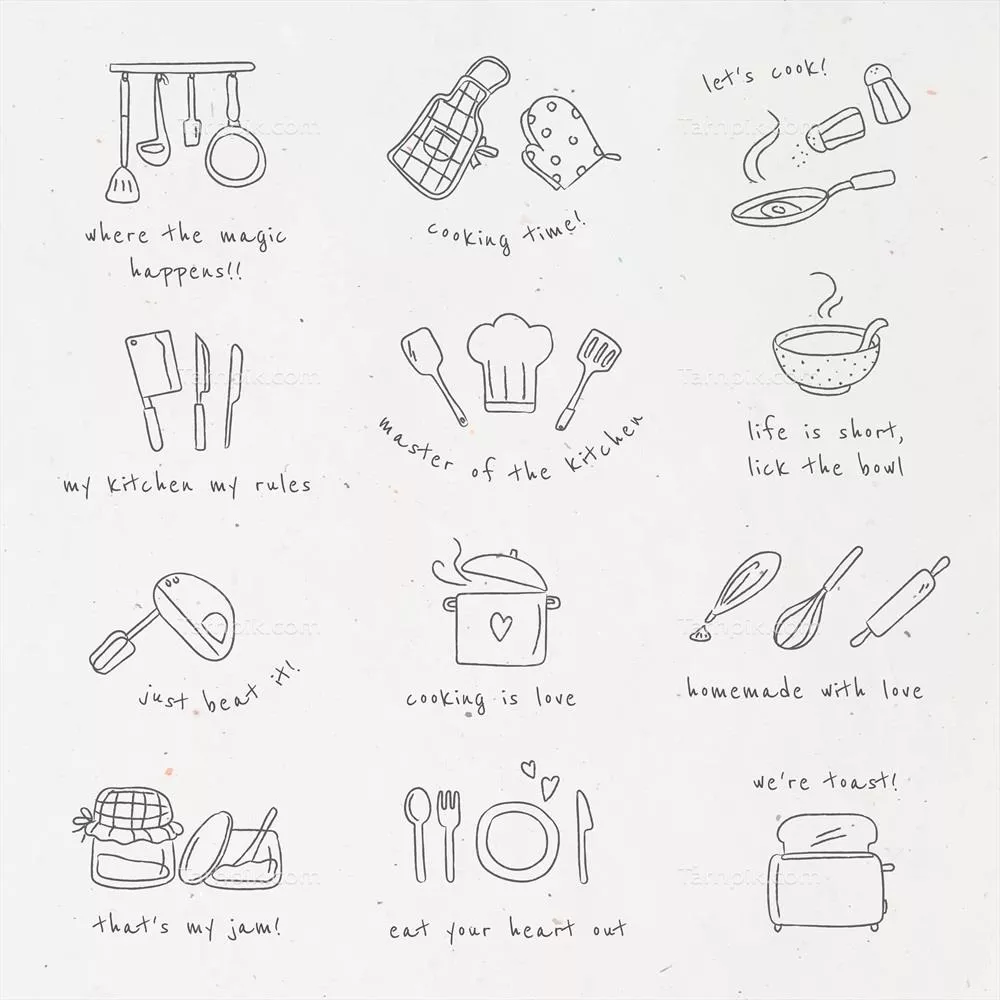 ست برچسب های وکتوری خوشگلساز وسایل آشپزخانه – طراحی دودی و بامزه