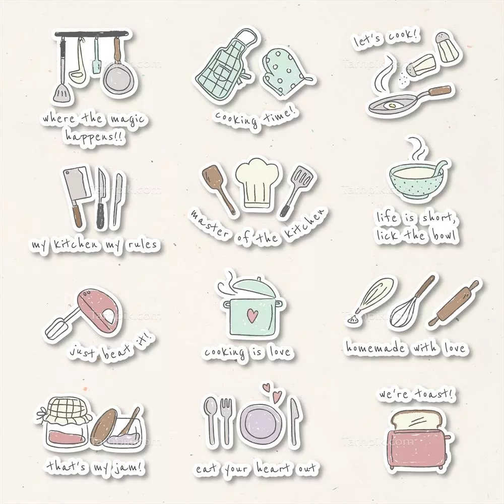 ستیکرهای دفی از وسایل آشپزخانه جذاب و دوستداشتنی - وکتور